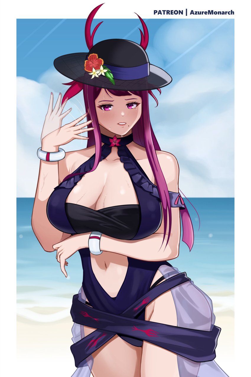 1girls alternate_costume arm_under_breasts azure_monarch bangs bare_midriff bare_shoulders bare_thighs beach beauty_mark blue_one-piece_swimsuit blue_swimsuit breasts cleavage collarbone day female female_only fire_emblem fire_emblem_engage fire_emblem_heroes hat ivy_(fire_emblem) large_breasts long_hair midriff mole mole_under_mouth nintendo ocean official_alternate_costume one-piece_swimsuit outdoors pink_eyes purple_hair see-through shoulders solo sun_hat sweat swimsuit thighs veil waving waving_hand