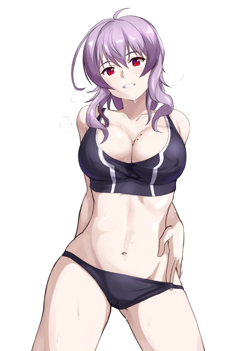 big_breasts clothed clothing looking_at_viewer mole mole_on_breast purple_hair red_eyes smile smiling strea sweat sweating sweaty sweaty_body sword_art_online tagme tagme_(artist) white_background