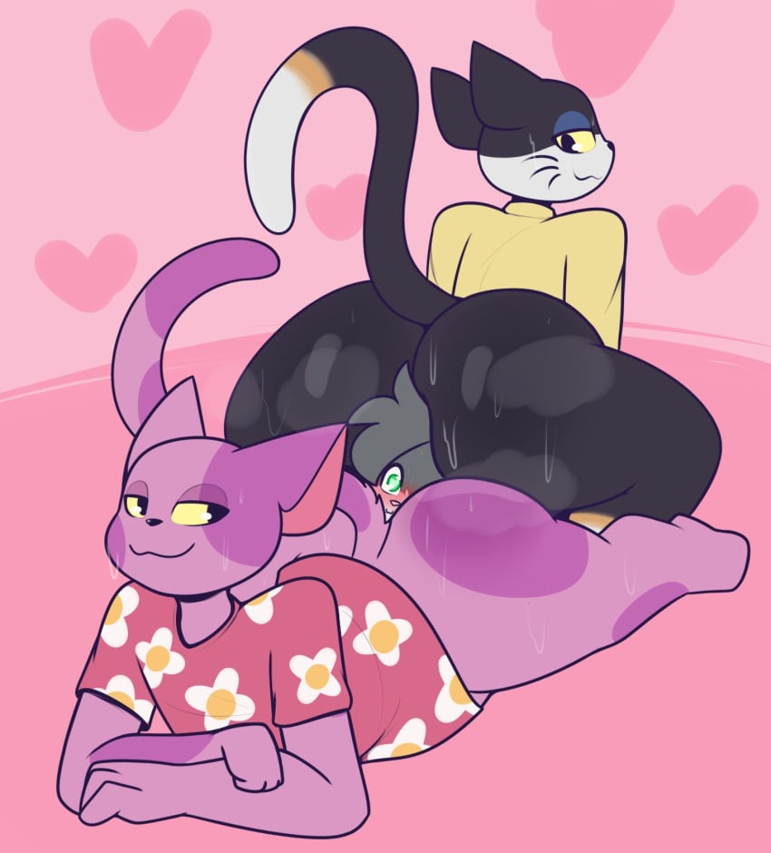 2d 3boys animal_crossing anthro anthro_on_anthro ass ass_sandwich ass_to_ass between_butts big_ass big_butt black_fur blush bob_(animal_crossing) bodily_fluids bottomless bunny butt_squish clothing domestic_cat face_in_ass facesitting feline furry gay genital_fluids gray_fur green_eyes heart heart-shaped_pupils hi_res huge_ass huge_butt lagomorph looking_back male male/male male_only mr_rottson musk musk_clouds nintendo on_stomach pink_background punchy_(animal_crossing) purple_fur rabbit raised_tail rotto_(mrrottson) shirt_only simple_background sitting_on_person smiling smothering squatting sweat sweaty sweaty_butt tail thick_thighs wide_hips yellow_eyes