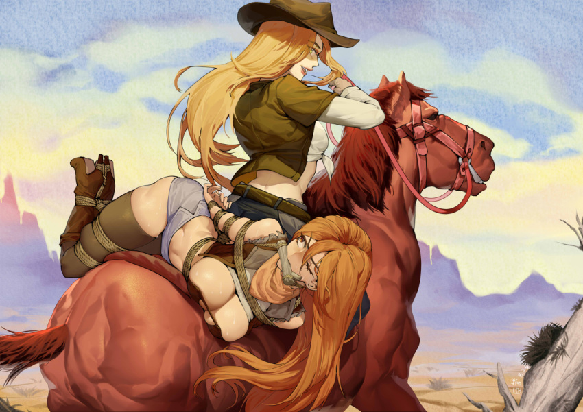 2girls angry athletic_female bandana bit_gag bondage boots bound bounty_hunter breast_squish captured cleavage cowboy_hat desert exposed_midriff female_only gag gagged horse jean_shorts kidnapped multiple_girls orange_eyes orange_hair riding rope_bondage saddle siblings sisters thighhighs wincing yellow_eyes 臣訾