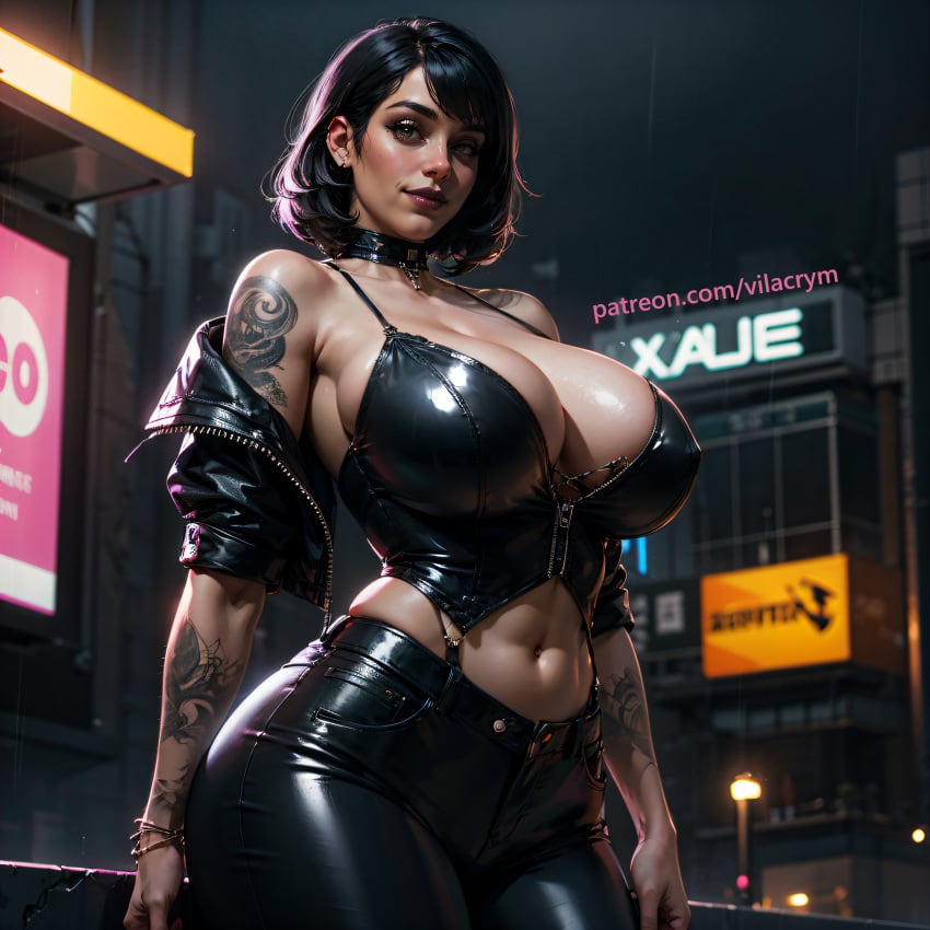 ai_generated big_breasts black_hair cleavage goth goth_girl huge_breasts jacket leather_pants night stable_diffusion tattoo thick_thighs vilacrym