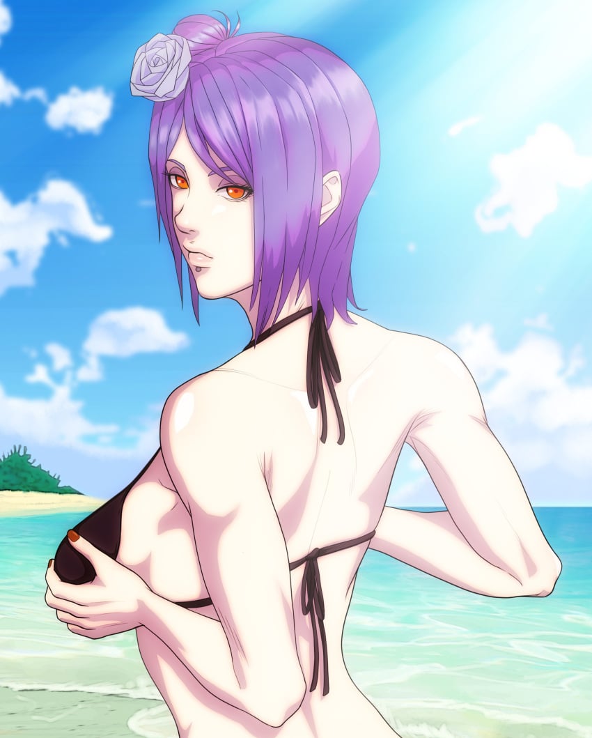 1girls akatsuki_(naruto) bare_back bare_shoulders beach bikini bikini_top black_bikini blue_hair blue_sky boruto:_naruto_next_generations breast_grab breasts facial_piercing female female_focus fiercybelle flower flower_in_hair fondling fondling_breast from_behind grabbing_own_breast hair_ornament hand_on_breast hand_on_own_breast konan labret_piercing light_skin looking_at_viewer looking_back looking_back_at_viewer makeup mascara mature mature_female nail_polish naruto naruto_(series) ocean orange_eyes outdoors paipan pale_skin piercing sea seaside self_fondle solo solo_focus sunlight upper_body