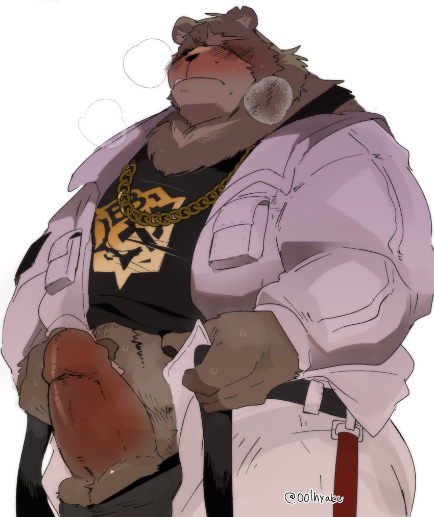 2023 anthro balls bear ben_(zenless_zone_zero) ben_bigger blush bottomwear clothing erection genitals hi_res humanoid_hands hyaku_(artist) kemono male male_only mammal mihoyo overweight overweight_male pants penis scar shirt solo topwear underwear zenless_zone_zero