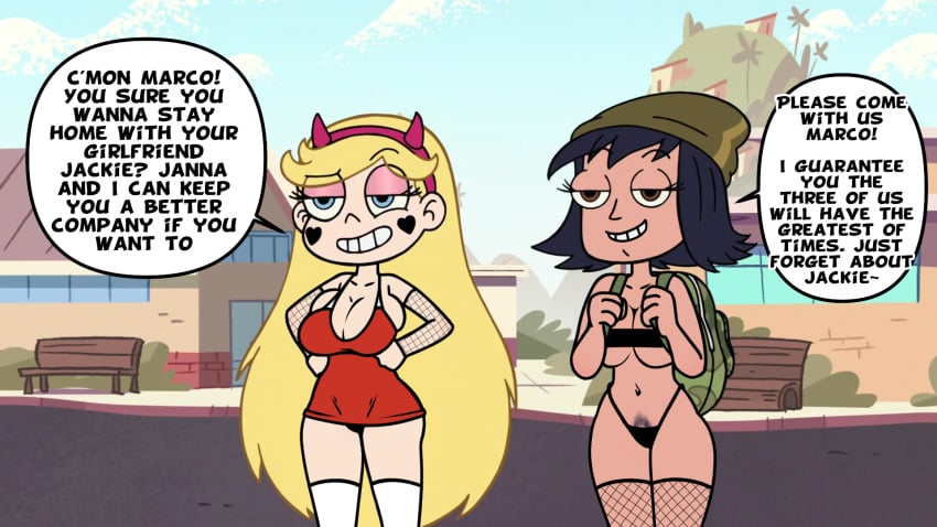 2girls accurate_art_style backpack bag big_breasts breasts clothing dark_skin disney disney_xd edited english english_text female female_only headwear huge_breasts human janna_ordonia long_hair marco_diaz multiple_girls pale_skin pov public screencap screenshot screenshot_edit short_hair star_butterfly star_vs_the_forces_of_evil steca talking talking_to_viewer thelazyart thick thick_ass thick_legs thighs