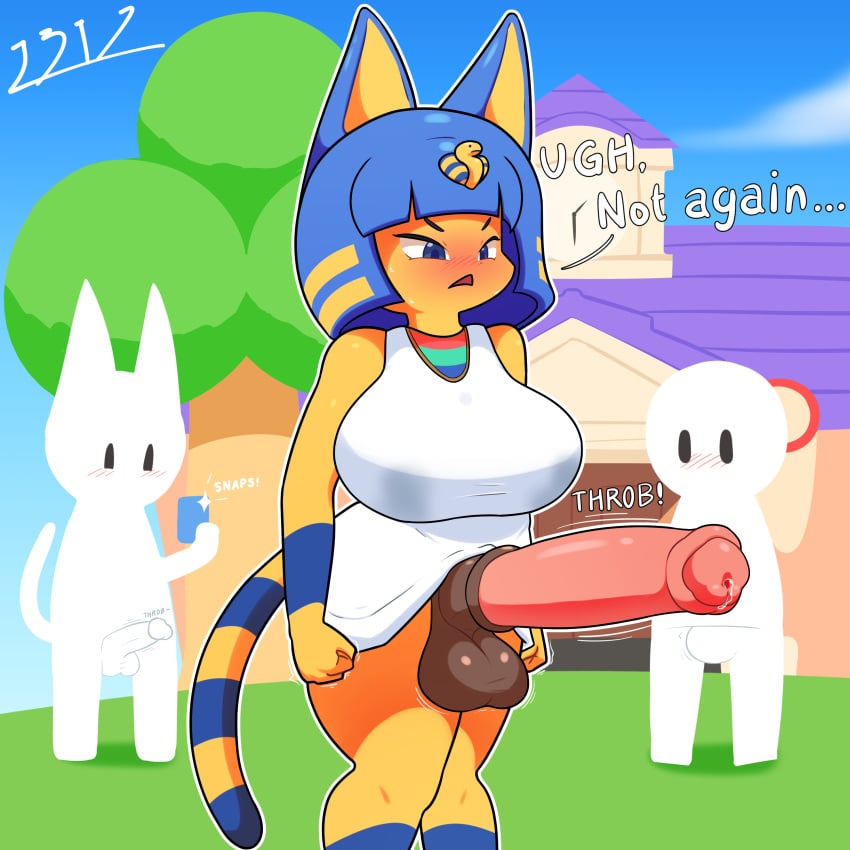 1:1 2020s 2023 absurd_res animal_crossing animal_genitalia animal_penis ankha ankha_(animal_crossing) anthro balls big_breasts big_penis blue_body blue_eyes blue_hair blush bodily_fluids breasts bulge butterfly_net clothed clothing domestic_cat embarrassed english_text equine_genitalia equine_penis erection felid feline felis futanari genital_fluids genitals group gynomorph hair hi_res holding_object horsecock horsecock_futanari huge_cock i3i2455_ivi394 intersex mammal multicolored_body net nintendo no_underwear open_mouth penis phone plant sheath text topwear tree trio yellow_body