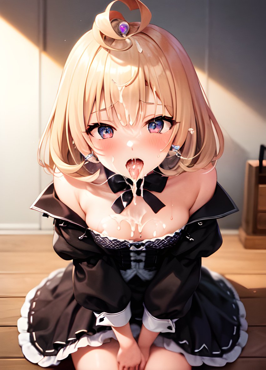 ai_generated blonde_hair blush cleavage cum cum_in_mouth cum_on_breasts cum_on_face cum_on_hair kneeling millie_parfait nijisanji nijisanji_en open_mouth small_breasts stable_diffusion tongue_out virtual_youtuber