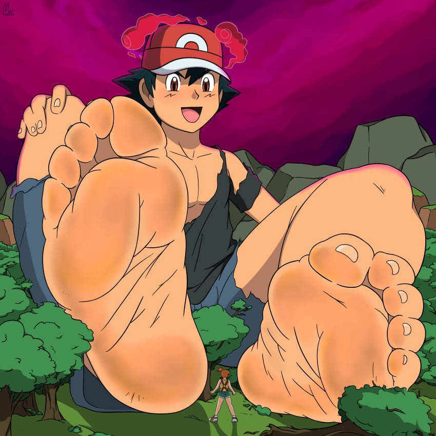 1boy 1girls barefoot black_hair destruction dynamax female ffartist foot_fetish foot_focus giant giant_male larger_male macro male male_foot_fetish micro misty_(pokemon) nintendo pokémon pokemon satoshi_(pokemon) size_difference smaller_female