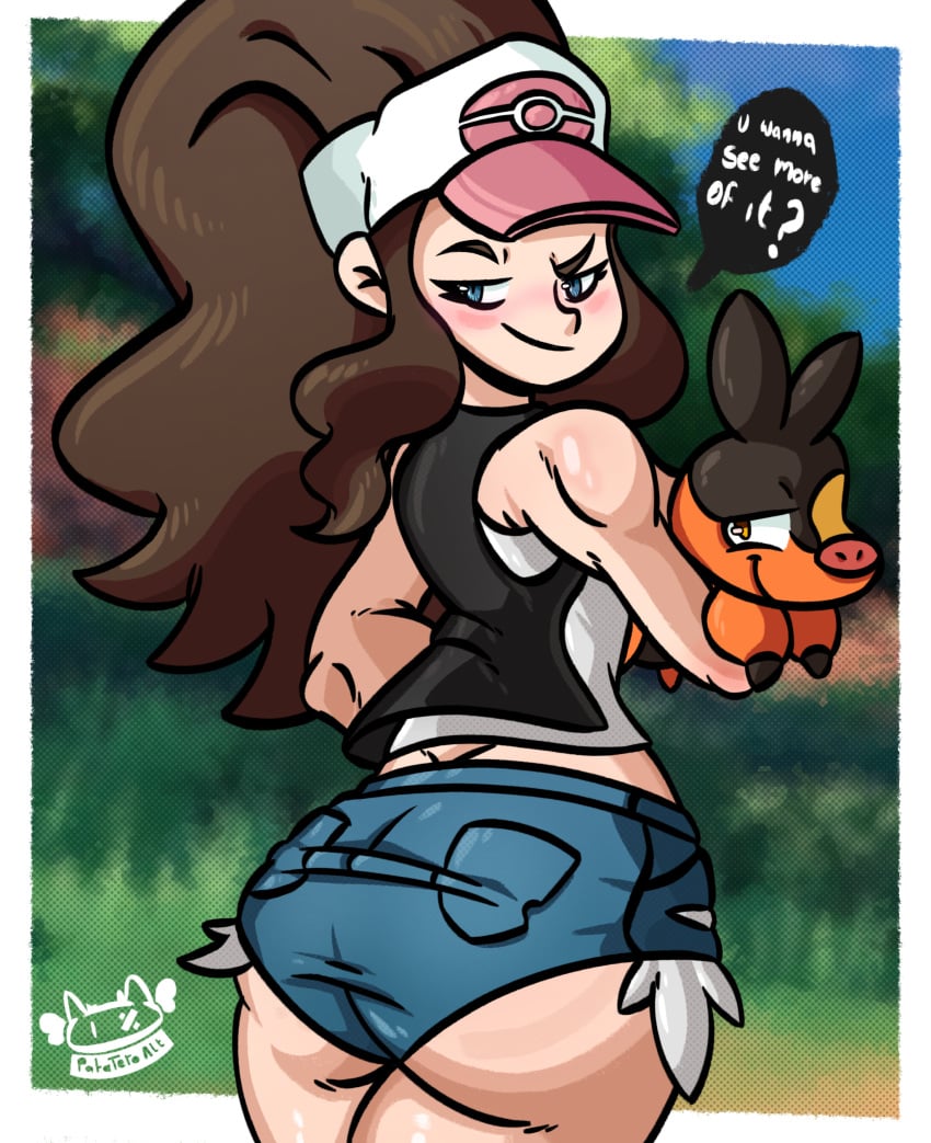 ass big_ass big_butt blue_eyes brown_hair cap clothes clothing hilda_(pokemon) inviting looking_at_viewer patatero69 pokemon pokemon_(species) shorts solo solo_female talking_to_viewer tepig