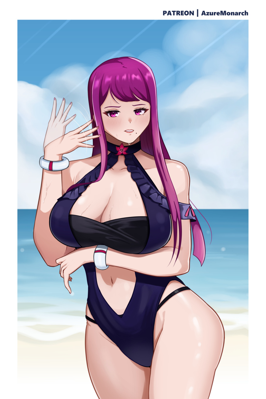 1girls alternate_costume arm_under_breasts azure_monarch bangs bare_midriff bare_shoulders bare_thighs beach beauty_mark blue_one-piece_swimsuit blue_swimsuit breasts cleavage collarbone day female female_only fire_emblem fire_emblem_engage fire_emblem_heroes ivy_(fire_emblem) large_breasts long_hair midriff mole mole_under_mouth more_at_source nintendo ocean official_alternate_costume one-piece_swimsuit outdoors pink_eyes purple_hair shoulders solo sweat swimsuit thighs too_hot waving waving_hand