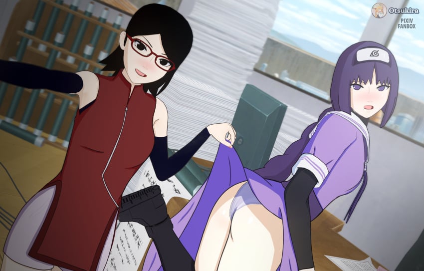 2girls against_desk black_eyes black_hair blunt_bangs boruto:_naruto_next_generations braided_twintails braids breasts clothed_sex clothing clothing_lift desk dress dress_lift embarrassed female female/female female_only g-string hime_cut hokage_office holding_clothing indoors kakei_sumire koikatsu konohagakure_symbol kunoichi leg_up lifted_by_another long_hair matching_hair/eyes multiple_girls naruto naruto_(series) ninja otsukira panties petite presenting presenting_ass presenting_partner purple_eyes purple_hair raised_leg sarada_uchiha short_hair skirt skirt_lift taking_selfie teenage_girl teenager twin_braids twintails underwear very_long_hair young younger_female yuri