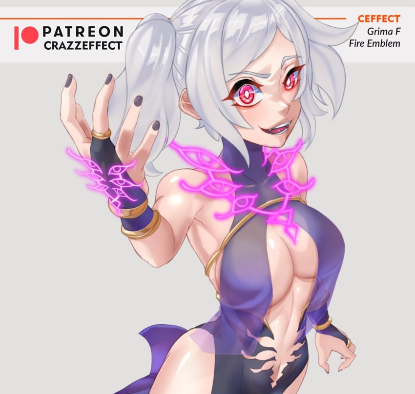 1girls alternate_costume armpits bare_thighs black_nails brand_of_the_defile breasts bridal_gauntlets center_opening cleavage crazzeffect dress evil_smile female female_only fire_emblem fire_emblem_awakening glowing_eyes grey_background grey_hair grima_(fire_emblem) hand_tattoo large_breasts looking_at_viewer medium_hair nail_polish navel nintendo open_mouth red_eyes revealing_clothes robin_(fire_emblem) robin_(fire_emblem)_(female) sleeveless sleeveless_dress smile solo tattoo thighs twintails upper_body