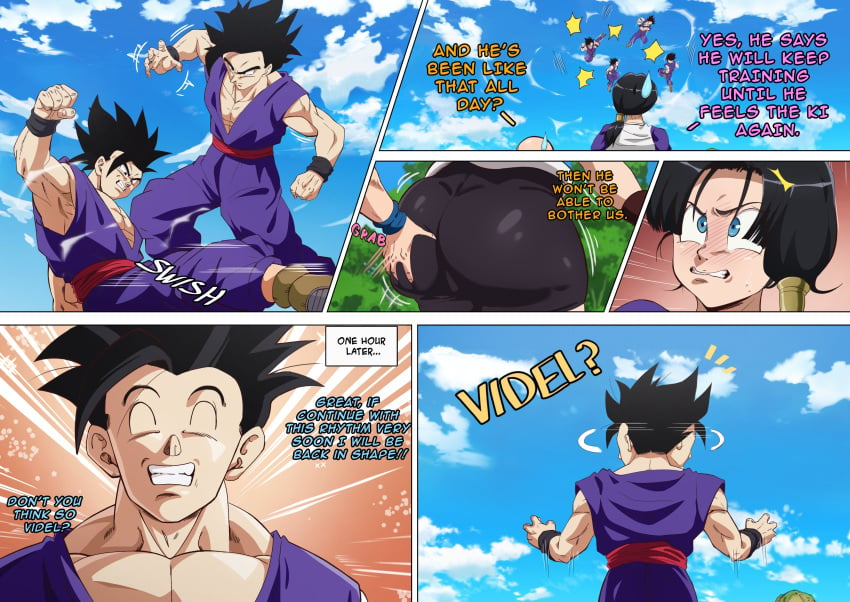 2023 ass_spank big_ass big_butt comic commission dialogue dragon_ball dragon_ball_super dragon_ball_z dratvan english_text hi_res high_resolution highres huge_ass huge_butt krillin kuririn large_ass large_butt ntr son_gohan spanked_butt spanking spanking_ass text videl