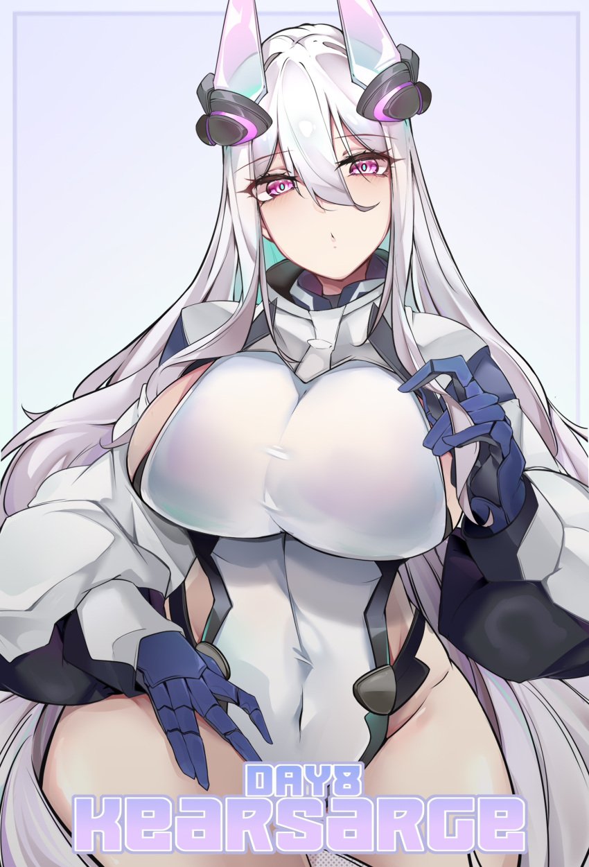 1girls azur_lane belly_button belly_button_visible_through_clothing blue_hair breasts character_name clothed clothing cyborg eagle_union_(azur_lane) eyebrows_visible_through_hair female female_only huge_breasts kearsarge_(azur_lane) kive_(kive03) leotard light-skinned_female light_skin looking_at_viewer mechanical mechanical_arms mechanical_hands pink_eyes sideboob solo thick_thighs two_tone_hair white_hair