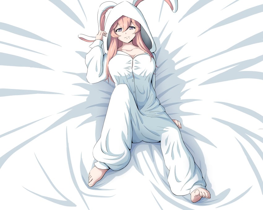 1girl 1girls 5:4_aspect_ratio animal_ears animal_pajamas barefoot bunny bunny_ears bunny_pajamas clavicle closed_mouth clothing feet female full_body high_resolution hoodie light-skinned_female light_skin lilynette_piani long_hair looking_at_viewer lying no_bra on_back onesie overlord_(maruyama) pajamas pink_hair priestess purple_eyes saliva sheets shiny shiny_skin sleepwear smile solo solo_female very_high_resolution