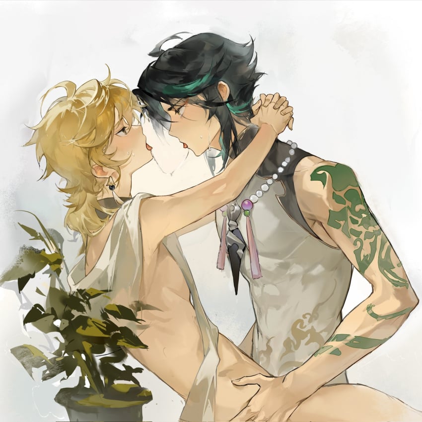 2boys aether_(genshin_impact) arms_behind_head blonde_hair gay_sex genshin_impact hoyoverse looking_at_each_other loomiuus male mihoyo penetration saliva_string tattooed_arm teal_hair tongue_kiss xiao_(genshin_impact) yaoi