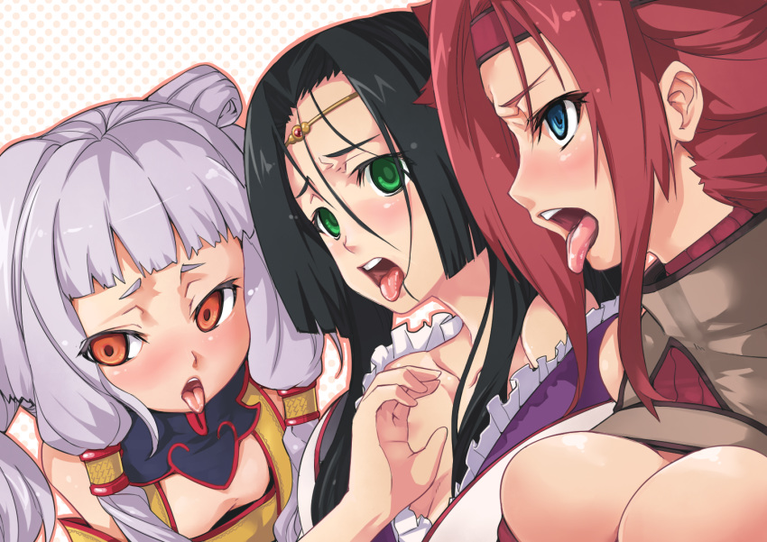 3girls black_hair blue_eyes blush breasts cleavage code_geass empty_eyes female female_only green_eyes headband hijiri kallen_stadtfeld large_breasts long_hair multiple_girls open_mouth oppai orange_eyes purple_hair red_hair short_hair sumeragi_kaguya tianzi