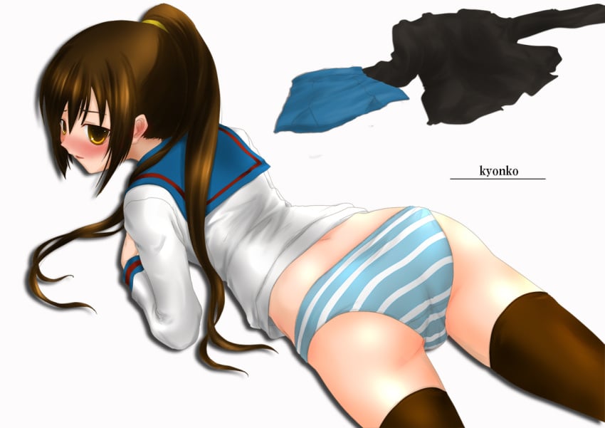 female female_only human kyon kyonko minazuki_randoseru oudanhodou panties school_uniform shimapan solo striped striped_panties suzumiya_haruhi_no_yuuutsu thighhighs underwear