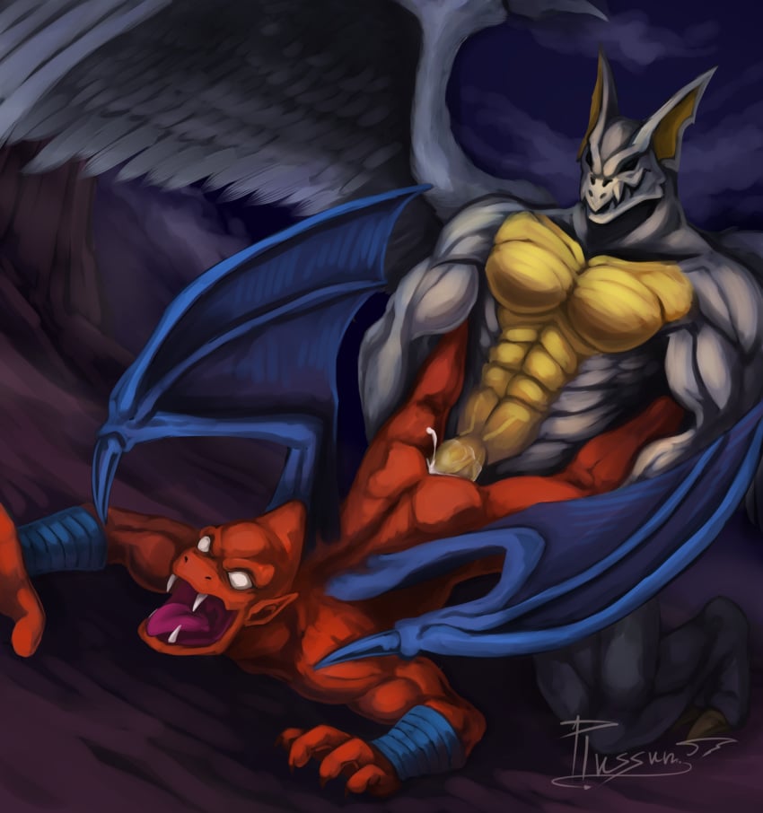 abs anal arma_(demon's_crest) ass boner cum demon demon's_crest duo erection feathered_wings feathers firebrand forced gargoyle grin male male_only muscles nude open_mouth orgasm pecs penis plussun rape red_arremer red_skin sex video_games wings yaoi