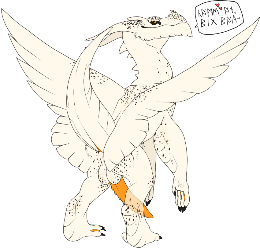 anthro balls dragon erection feral furry heart looking_at_viewer male male_only mute-owl no_humans penis raised_tail solo spots text webbed_feet white_fur white_scales wings zanzibar