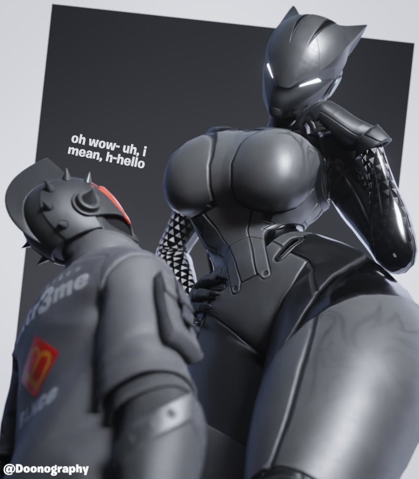 3d armor black_clothing blender breasts cat_ears catsuit clothed dominant dominant_female doonography duo female female_focus fortnite fortnite:_battle_royale futuristic game_knight_(fortnite) giantess glowing_eyes helmet knight larger_female lynx_(fortnite) macro male simple_background size_difference skin_tight straight taller_female taller_girl text thick thick_thighs thighs