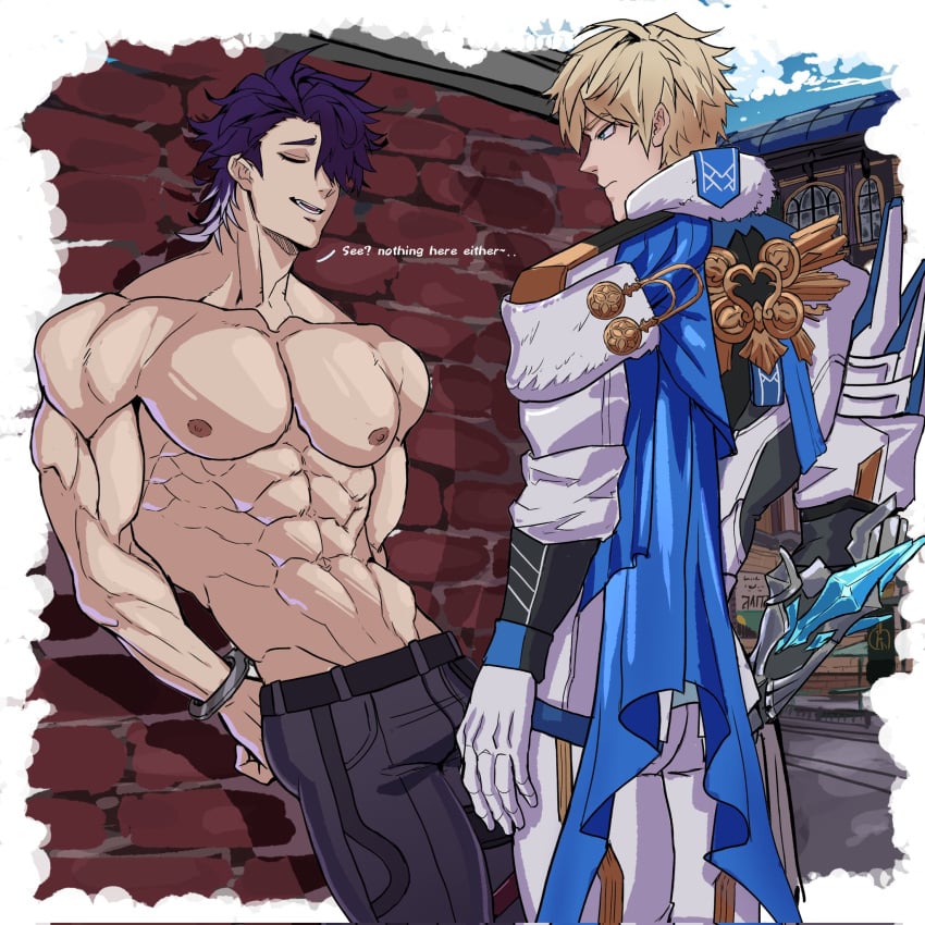 2boys abs authority boner genzonillablack gepard_(honkai:_star_rail) handcuffed handcuffs honkai:_star_rail male/male male_only muscular muscular_male pecs restrained restraints sampo_(honkai_star_rail) shirtless stripping