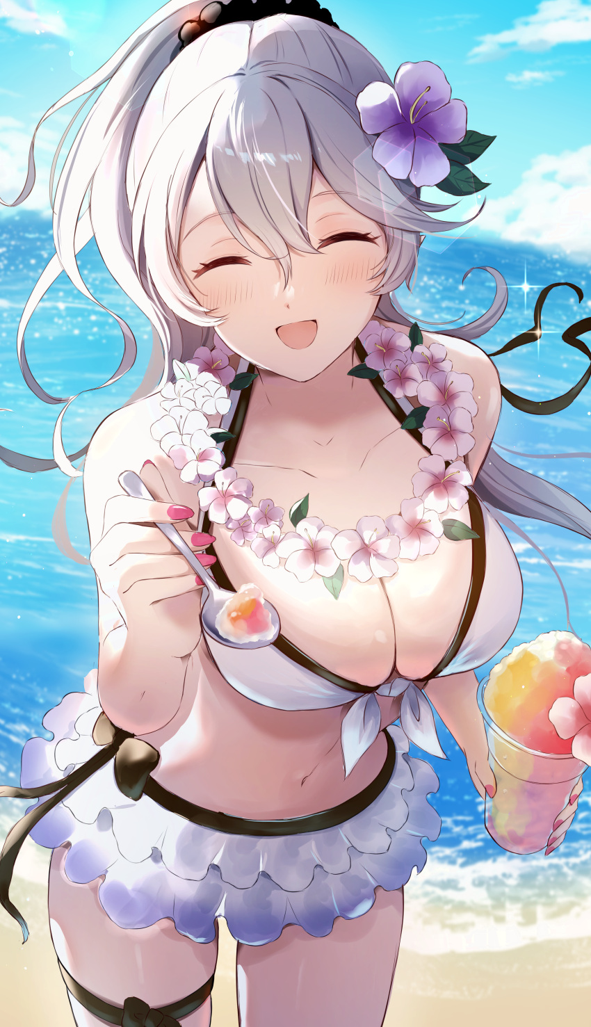 1girls absurdres alternate_hairstyle beach bikini bikini_skirt blue_sky blush breasts cleavage closed_eyes cloud collarbone commentary_request corrin_(female)_(fire_emblem) corrin_(female)_(summer)_(fire_emblem) corrin_(fire_emblem) corrin_(fire_emblem)_(female) cute cute_face day female female_only fingernails fire_emblem fire_emblem_fates fire_emblem_heroes flower flower_necklace frilled_skirt frills hair_between_eyes hair_ornament happy highres holding holding_spoon large_breasts long_hair navel nintendo norimaki_(nrmk_norinori) ocean official_alternate_costume open_mouth outdoors pink_flower pink_nails ponytail purple_flower sand skirt sky smile solo spoon stomach swimsuit water white_bikini white_hair white_skirt white_swimsuit