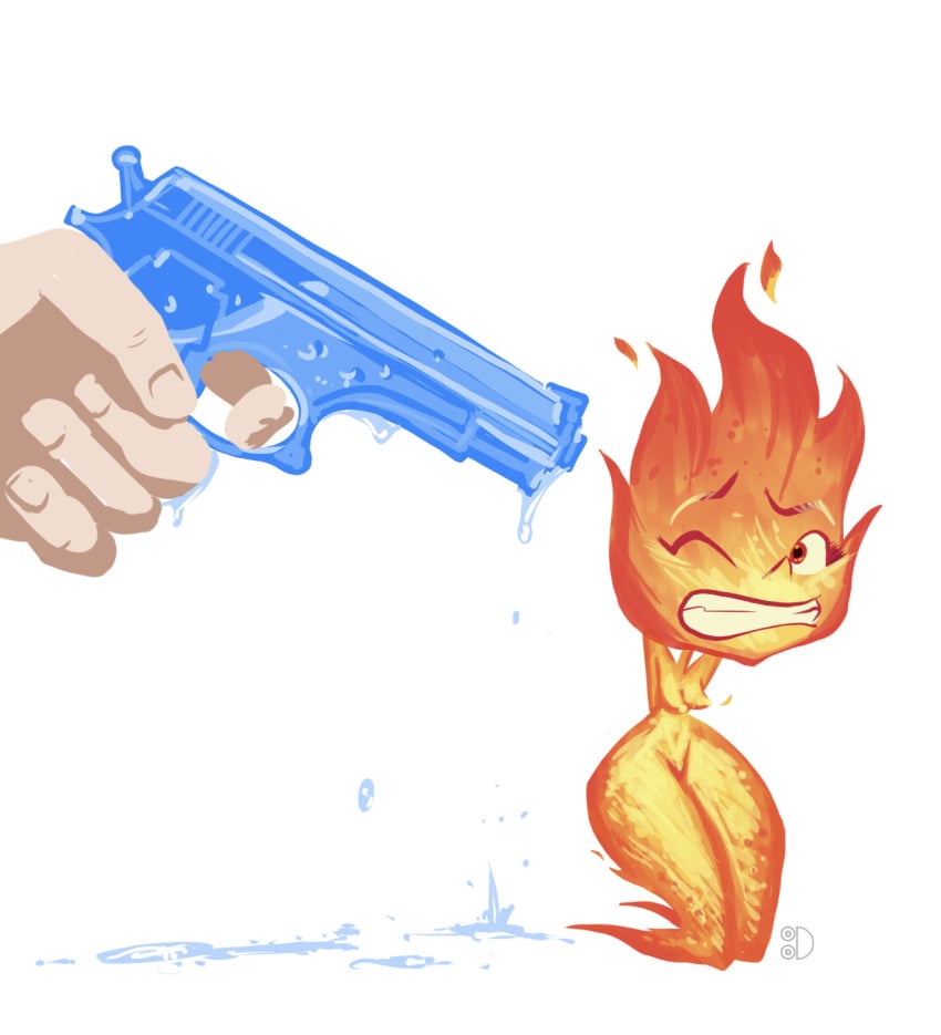 at_gunpoint elemental_(pixar) ember_lumen fire imminent_death small_breasts smaller_female tagme threat_the_bitch threatening tittydispenser watergun white_background