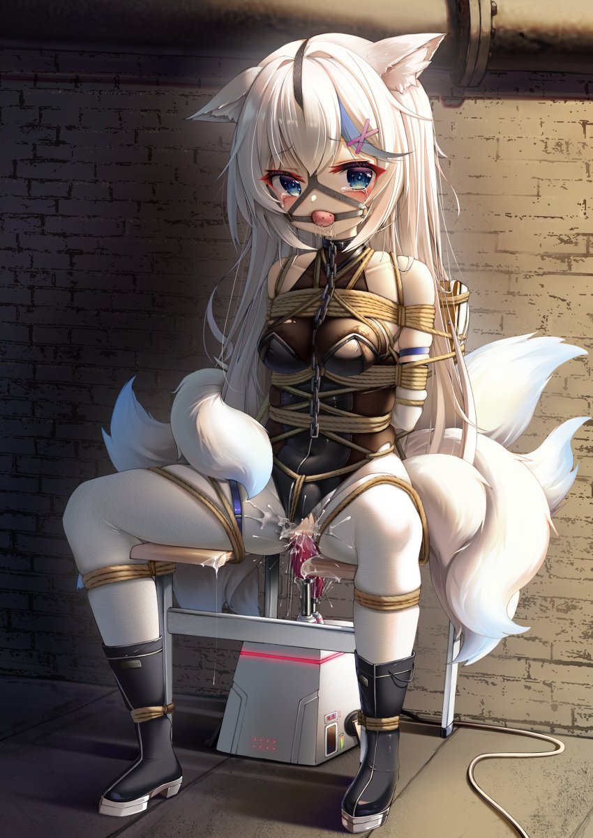 1girls absurd_res absurdres anal anal_object_insertion animal_ears ball_gag black_footwear black_hair black_leotard blue_eyes blush bondage boots bound breasts chains crying crying_with_eyes_open drooling female female_only flan_ling fox_ears fox_girl fox_tail full_body gag gagged hair_between_eyes hair_ornament hairclip hi_res highleg highleg_leotard highres kitsune leotard long_hair looking_at_viewer medium_breasts multicolored_hair multiple_tails object_insertion original pantyhose pussy restrained saliva sex_machine sitting solo streaked_hair tail tears thigh_strap uncensored vaginal_object_insertion vaginal_penetration variant_set white_hair white_pantyhose x_hair_ornament