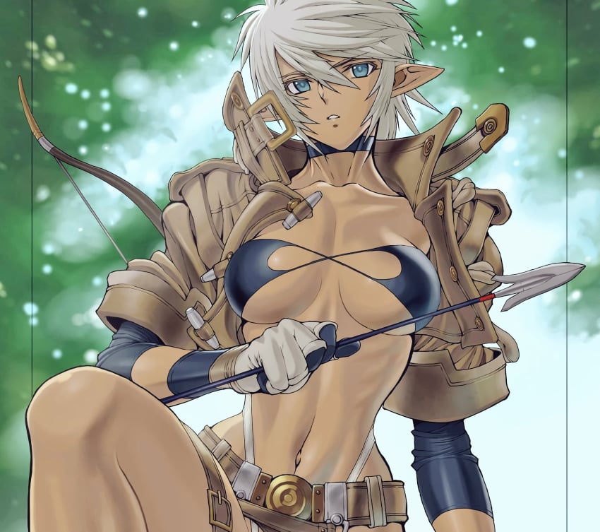 1girls arrow_(projectile) big_breasts blue_eyes breasts busty dark-skinned_female dark_elf dark_skin elf female female_only gloves grey_hair highres jacket kasaki_yoshihiko large_breasts legs looking_at_viewer navel open_clothes open_jacket original parted_lips pointy_ears short_hair solo thighs thong toned traditional_media