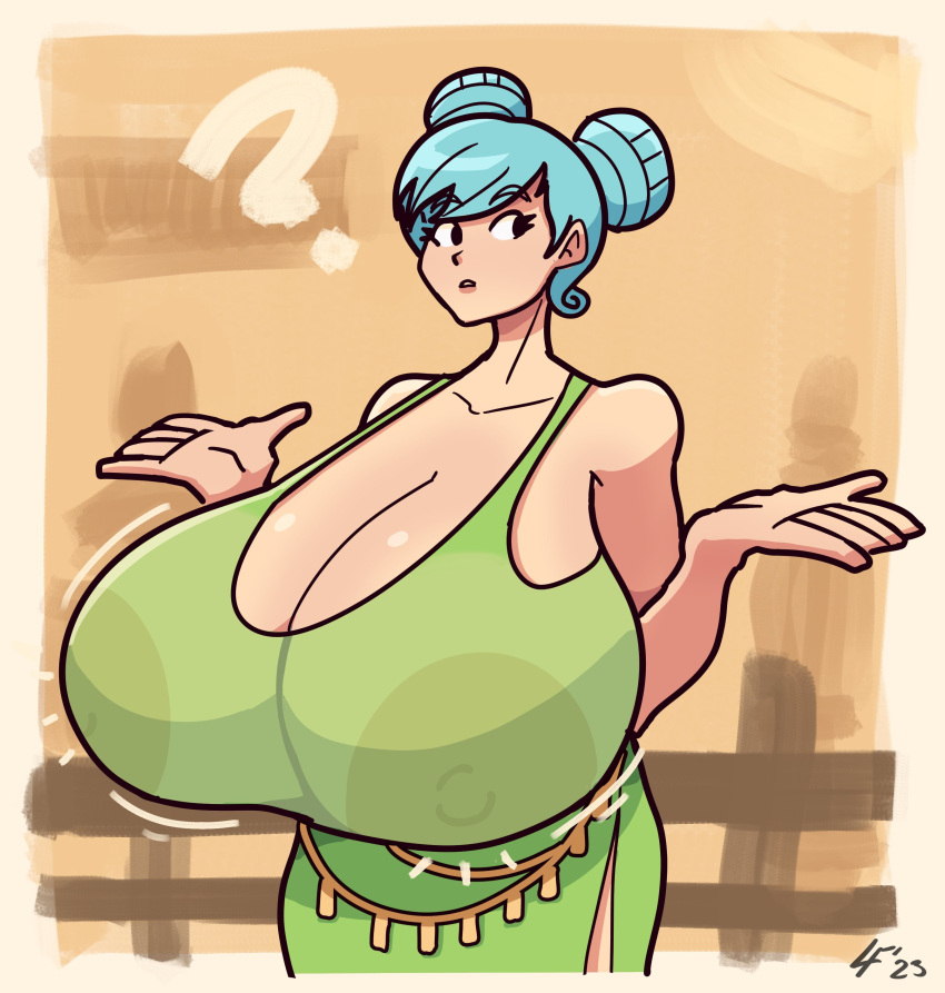 big_breasts blue_hair breasts breasts_bigger_than_head cleavage clothed double_bun enormous_breasts female female_only giant_breasts gigantic_breasts hair_bun huge_breasts hyper_breasts julissa_(lucy_fuchs) large_breasts lucy_fuchs no_bra see-through top_heavy