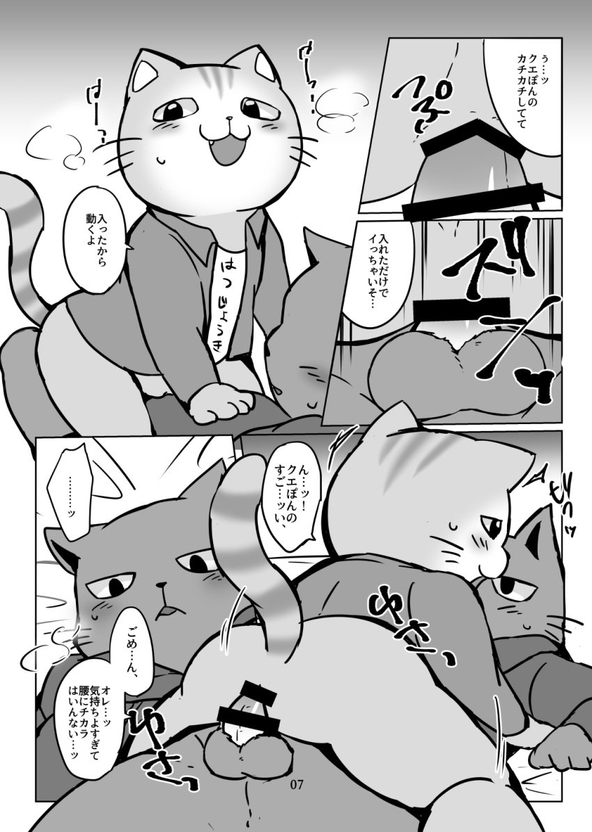 anthro ass balls bottomless clothed clothing comic cowgirl_position domestic_cat doujinshi duo erection felid feline felis from_front_position genitals greyscale hi_res hoodie japanese_text kemono kuehiko_roshihara male male/male male_penetrated male_penetrating male_penetrating_male mammal monochrome on_bottom on_top penetration penis sex tapio_chatarozawa text topwear ueno_ebi_sen working_buddies!