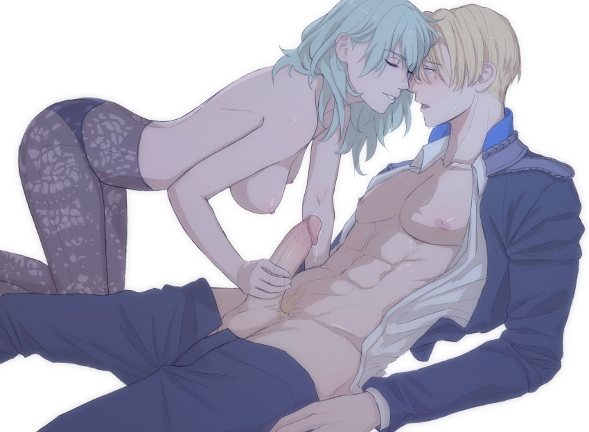 1boy 1girls abs black_panties blonde_hair blue_eyes byleth_(fire_emblem) byleth_(fire_emblem)_(female) closed_eyes dimitri_alexandre_blaiddyd edging female fire_emblem fire_emblem:_three_houses green_hair handjob kariniarts kneeling leggings male medium_breasts medium_hair muscular muscular_male nintendo nipples panties pantyhose short_hair underwear