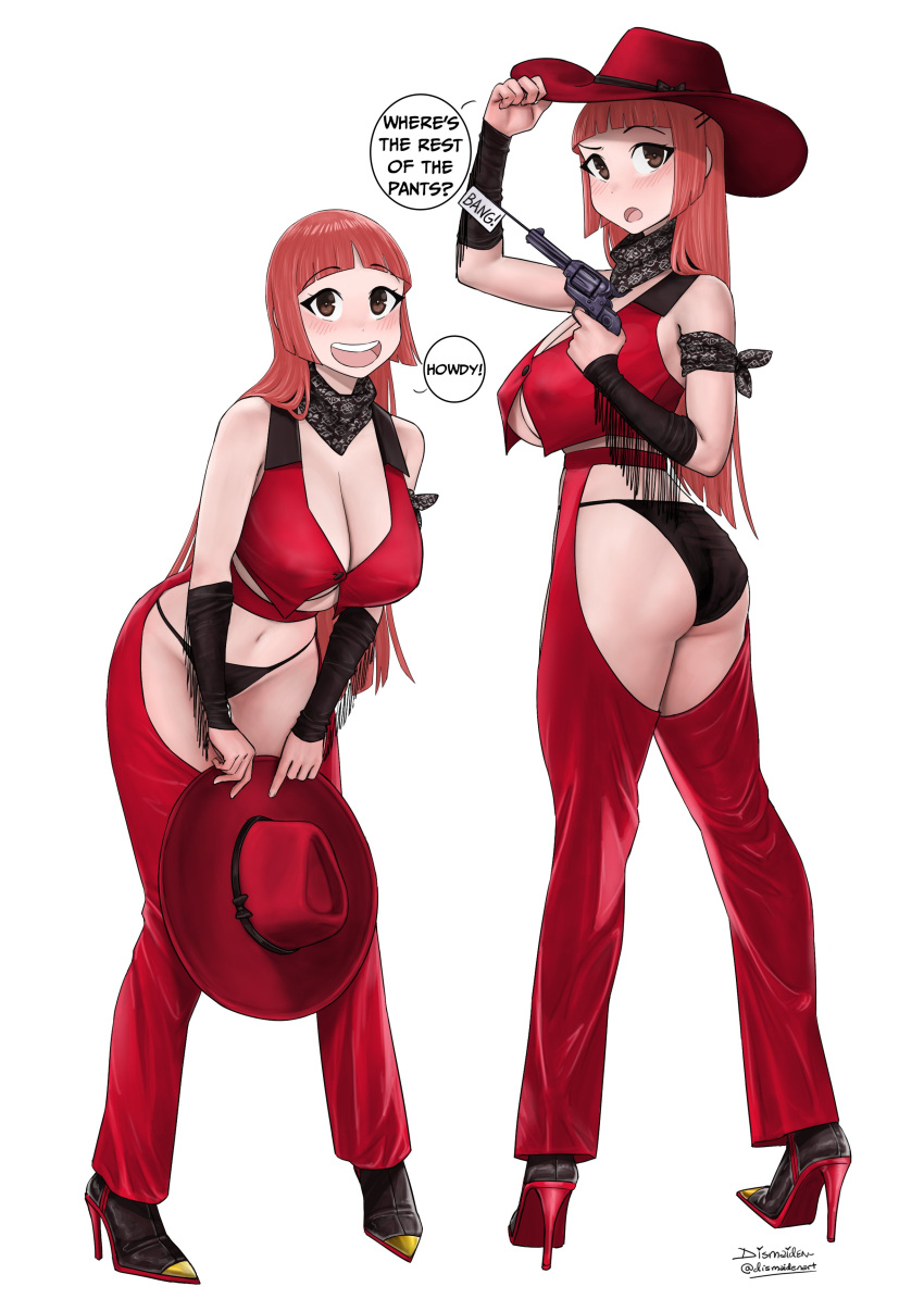 2girls absurdres aki-chan_(dismaiden) artist_name ass ass_cutout assless_chaps assless_pants bandana bandana_around_arm bare_shoulders bikini black_bikini black_footwear blunt_bangs blunt_ends blush breasts brown_eyes chaps cleavage cleavage_cutout clothing_cutout colored_shoe_soles commentary cowboy_hat cowgirl crotch_cutout crotchless_pants dismaiden dot_nose english_commentary english_text female female_only flag_gun fringe_trim full_body gun hand_on_headwear handgun hat headwear_removed high_heels highres hime_cut holding holding_gun holding_toy holding_weapon huge_breasts large_breasts leaning_forward long_hair looking_at_viewer multiple_views navel no_bra open_mouth original raised_eyebrow red_hair red_headwear revealing_clothes revolver simple_background smile speech_bubble standing string_bikini swimsuit teeth toy toy_gun twisted_torso twitter_username underboob upper_teeth_only very_long_hair weapon white_background