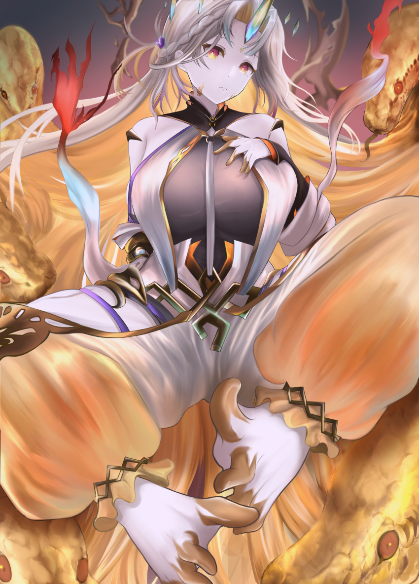 1girls absurdly_long_hair alternate_costume bare_thighs barefoot blonde_hair bodystocking breasts detached_sleeves female female_only fire_emblem fire_emblem_heroes foot_fetish foot_focus frown gold_trim gradient gradient_clothes grey_hair grey_skin gullveig_(fire_emblem) gullveig_(seer_beyond_time)_(fire_emblem) hand_on_own_chest horn huge_breasts long_hair long_sleeves looking_at_viewer mature mature_female multicolored_hair nenemu0 nintendo official_alternate_costume open_pants pale_skin puffy_pants raised_eyebrows single_horn snake snake_hair solo thick_thighs thigh_cutout thigh_strap thighs tight_clothing two-tone_hair very_long_hair yellow_eyes yellow_nails