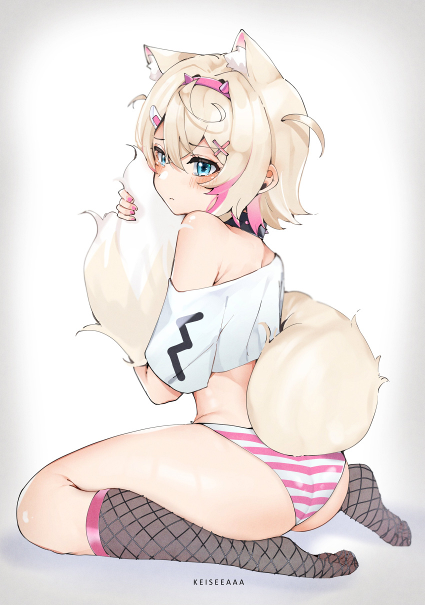 absurdres animal_ear_fluff animal_ears armpit_crease black_collar blonde_hair blue_eyes blush breasts collar commentary cropped_shirt dog_ears dog_girl dog_tail english_commentary female fishnet_thighhighs fishnets hair_between_eyes hair_ornament hairband hairclip highres hololive hololive_english hololive_english_-advent- hugging_own_tail hugging_tail keisea midriff mococo_abyssgard multicolored_hair nail_polish off_shoulder panties pink_hair pink_nails shirt short_hair shorts simple_background small_breasts spiked_collar spikes streaked_hair striped striped_panties tail tears thighhighs two_side_up underwear virtual_youtuber white_shirt white_shorts x_hair_ornament