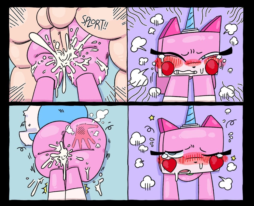 comic cum cum_in_pussy female feral forced forced_orgasm lego qoolbunart slap_mark stuck_in_wall through_wall unikitty unikitty_(series) wall