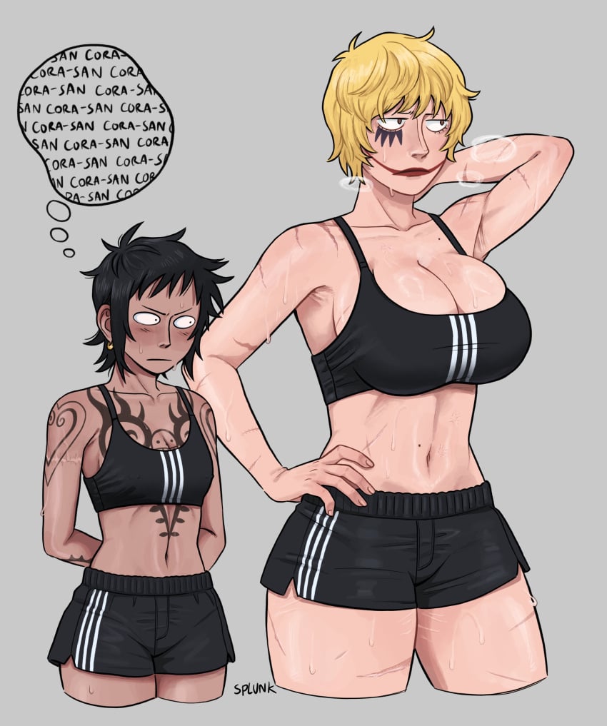 2girls armpits arms_behind_back big_breasts black_hair blonde_hair blush bra breast_envy breast_size_difference breath canon_genderswap chest_tattoo cleavage clown_makeup donquixote_rosinante facepaint female female_only genderswap_(mtf) gym_clothes hand_on_hip height_difference huge_breasts lipstick makeup medium_support_(meme) meme meme_attire one_piece red_lipstick rule_63 scars self_upload shiku_shiku_no_mi short_hair short_shorts shorts shounen_jump small_breasts splunkydunk sports_bra sweat sweaty tan_skin tattoo tattoos thought_bubble tomboy trafalgar_law trafalgar_law_(female) very_short_hair wide_hips yuri