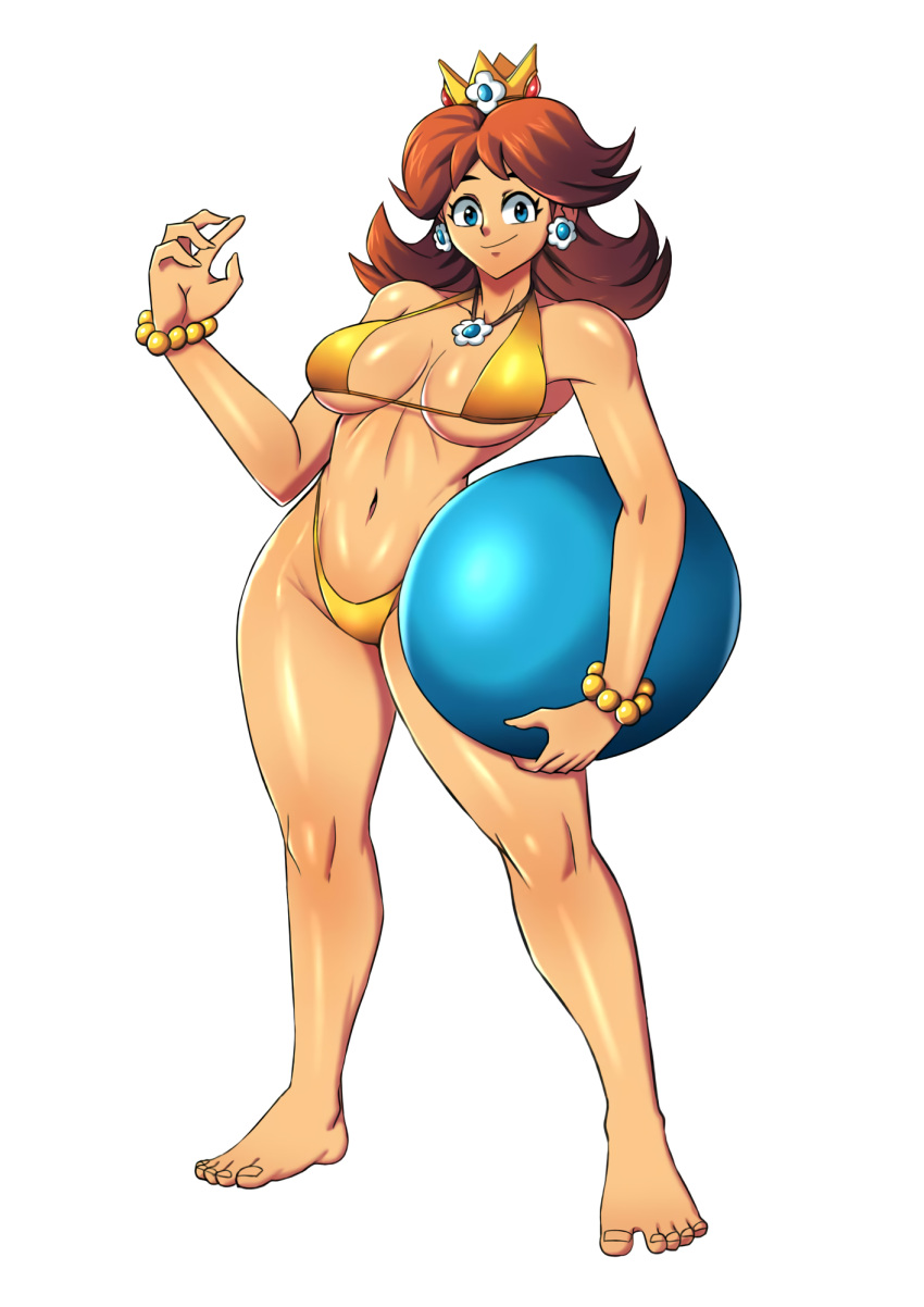 1girls ball beachball big_breasts bikini blue_eyes breasts brown_hair busty cleavage feet female female_only highres large_breasts legs looking_at_viewer mario_(series) navel nintendo princess princess_daisy short_hair smile solo swimsuit thejefersonchan thighs thong_bikini toned voluptuous yellow_bikini