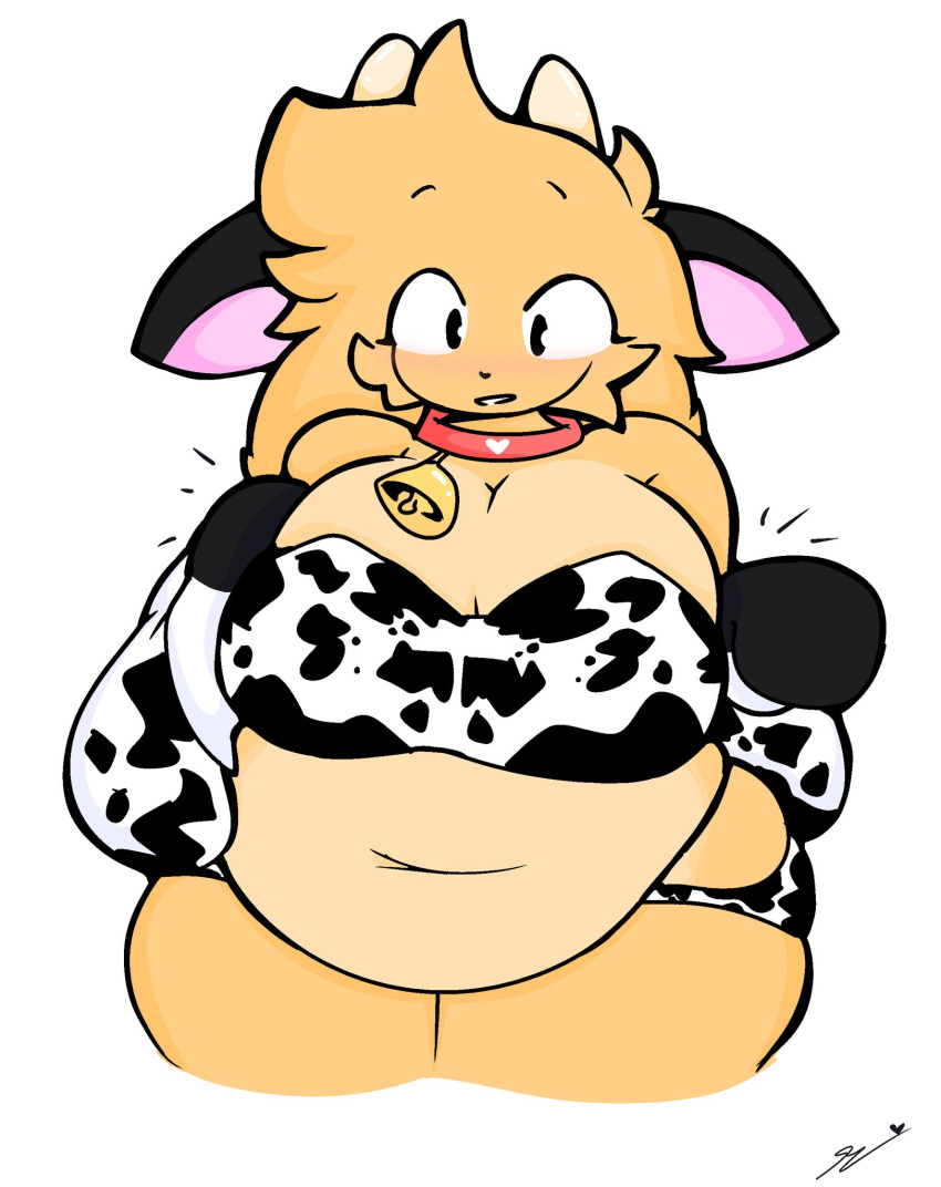 bell_collar belly blank_background bunny bunny_girl bunnygirl chubby chubby_anthro chubby_belly chubby_female collar cow_ears cow_girl cow_horns cow_print cowbell looking_at_viewer oversized_sleeves plain_background thedudethatdraw tight_panties white_background yellow_body yellow_fur yellow_hair