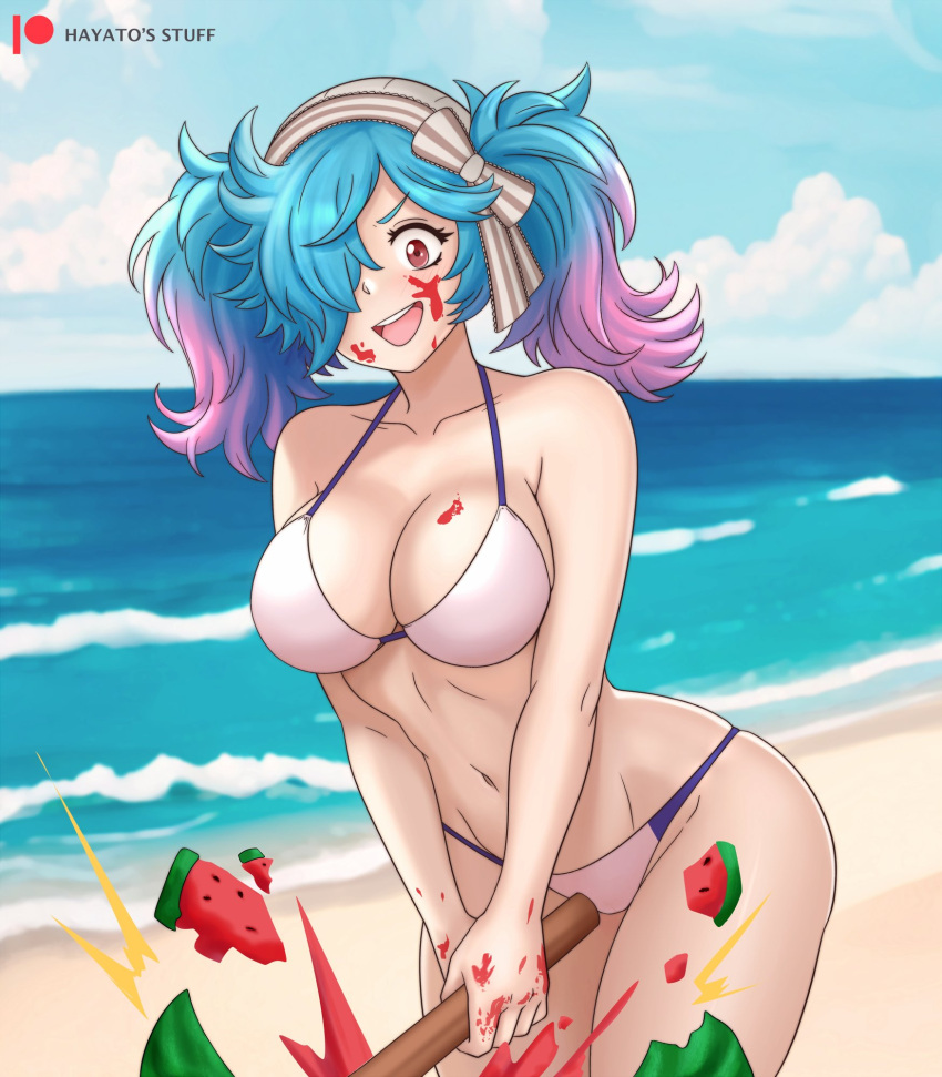 1girls alternate_costume beach bikini blue_hair breasts day daytime female female_only fire_emblem fire_emblem_fates gradient_hair hayato_stuff light-skinned light-skinned_female navel nintendo open_mouth peri_(fire_emblem) pink_hair sea sky solo solo_female swimsuit watermelon white_bikini white_swimsuit