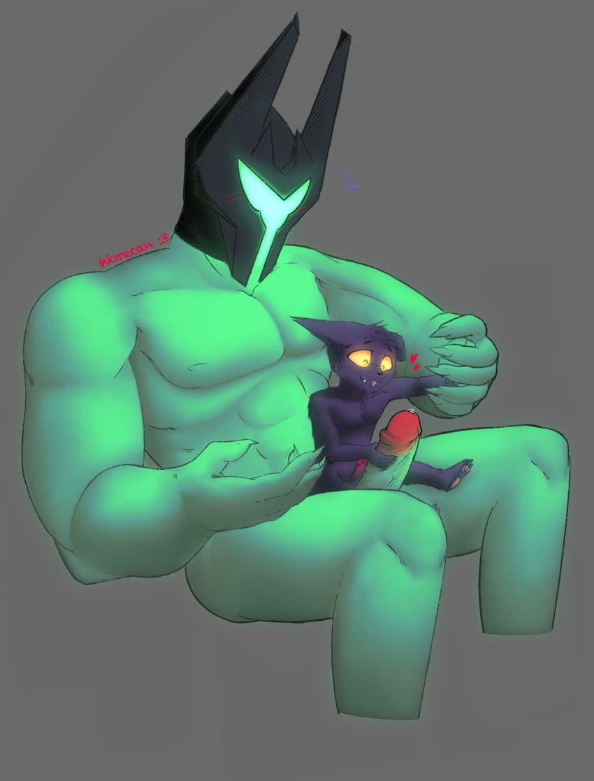 anthro armor black_body black_fur blush bodily_fluids duo erection fur gay genital_fluids genitals glans green_body green_skin grey_background headgear heart helmet hi_res human league_of_legends looking_at_another looking_at_genitalia looking_at_partner looking_at_penis male male/male mammal mordekaiser nude on_lap pawpads penis pink_glans precum riot_games simple_background sitting sitting_on_lap size_difference veigar watermark worecan yellow_eyes yordle