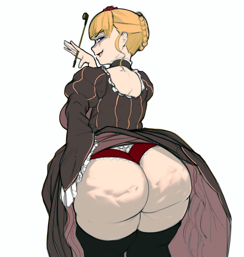 07th_expansion 1girls ass ass_focus beatrice_(umineko) big_ass big_breasts big_butt blonde_hair blue_eyes bottom_heavy breasts bubble_ass bubble_butt cellulite choker color_edit colored dress dress_lift fat_ass fat_butt female female_only huge_ass huge_butt kiseru large_ass large_breasts large_butt looking_at_viewer looking_back massgrave panties pipe smirk smirking solarismaximumcat solo stockings thick_ass thick_thighs umineko_no_naku_koro_ni white_background wide_hips