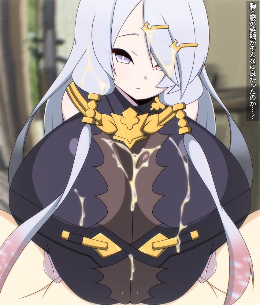 1boy 1girls atelier_(series) atelier_ryza atelier_ryza_1 blush breasts commentary_request cum ejaculation female grey_hair hair_ornament hairpin heterochromia highres huge_breasts light-skinned_female light-skinned_male light_skin lila_decyrus paizuri paizuri_under_clothes translation_request yamiotikong_(isha_gorira)