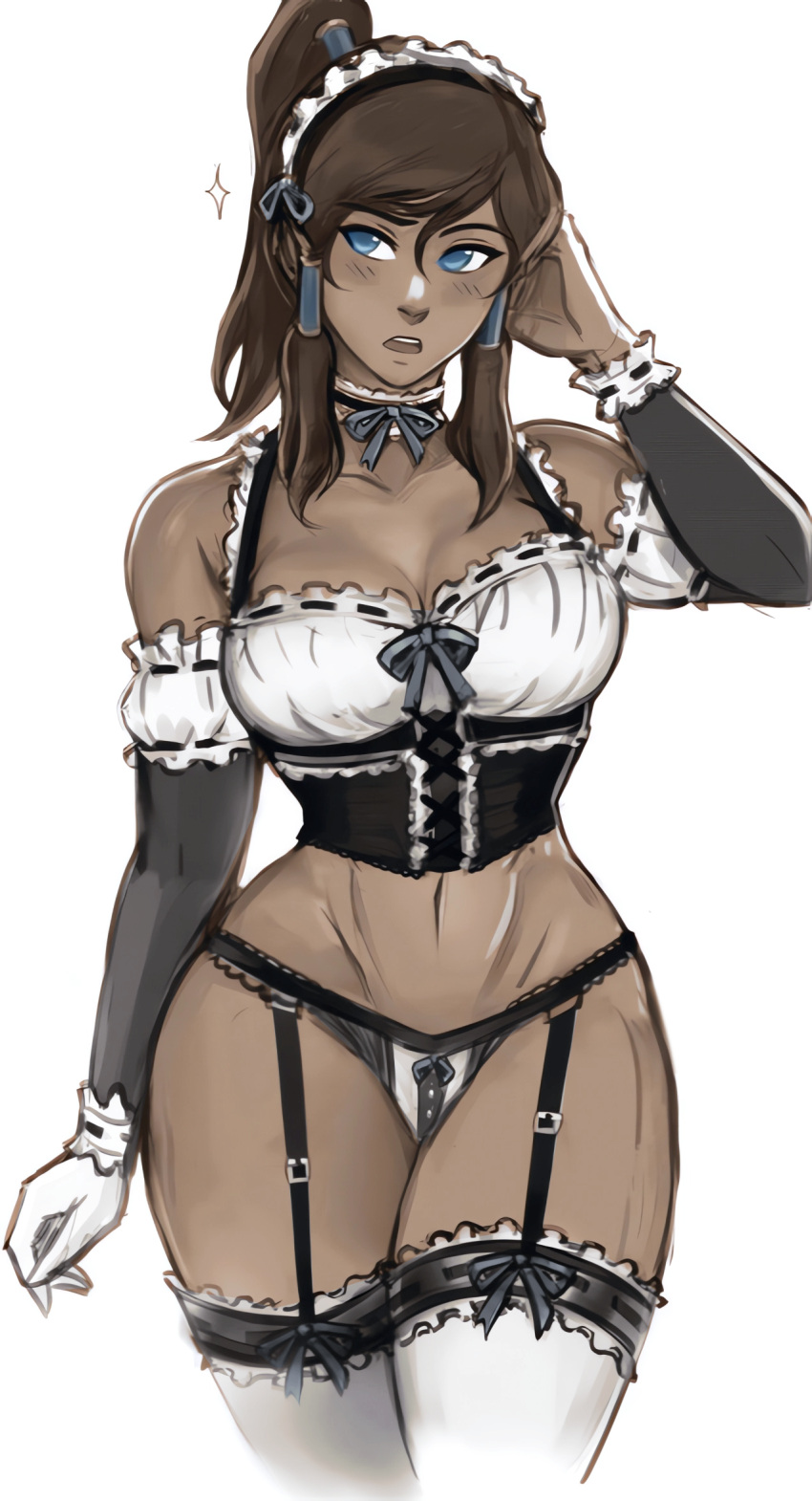 1girls avatar_legends choker cleavage dark-skinned_female dark_skin female female_only fully_clothed iahfy korra maid_outfit maid_uniform revealing_clothes skimpy_clothes stockings the_avatar the_legend_of_korra water_tribe