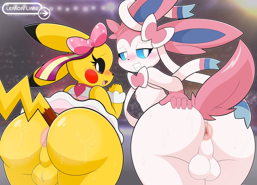 2023 2boys absurd_res anthro anus ass backsack balls bedroom_eyes blue_inner_ear blush blush_lines bodily_fluids bottomwear bow_(anatomy) bow_accessory clothed clothing cosplay_pikachu cosplay_pikachu_(costume) crossdressing crowd dipstick_ears duo eeveelution femboy fur generation_1_pokemon generation_6_pokemon genitals girly group hand_on_butt hi_res lemonlime long_ears looking_back male male_only multicolored_body multicolored_ears multicolored_fur narrowed_eyes nintendo nipples open_mouth pikachu pikachu_pop_star pink_tail pokemon pokemon_(species) presenting presenting_anus presenting_hindquarters ribbons ribbons_(anatomy) seductive skirt smile spread_butt spreading sweat sweaty_butt sylveon tail white_body white_fur yellow_body yellow_fur yellow_tail