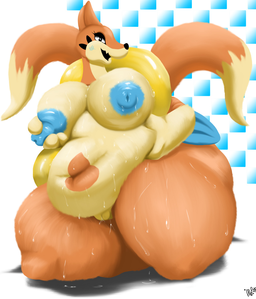 2023 2_tails absurd_res anthro areola arm_fins ass bedroom_eyes belly belly_grab belly_markings big_areola big_belly big_breasts big_butt big_hands big_nipples black_eyeshadow black_mouth black_nose black_text blue_areola blue_blush blue_fin blue_nipples blush blush_lines bodily_fluids breast_grab breast_squish breasts checkered_background colored countershade_face countershade_torso countershading cute_fangs dated digital_media_(artwork) digital_painting_(artwork) dipstick_tail erect_nipples eyelashes eyeshadow female female_anthro fin floatzel fondling fur generation_4_pokemon genitals glistening glistening_areola glistening_bodily_fluids glistening_eyes glistening_nipples glistening_sweat gloves_(marking) hand_on_breast head_turned hi_res huge_thighs kneeling love_handles makeup markings mop_(artist) multi_tail narrowed_eyes navel nintendo nipple_fetish nipple_play nipples open_mouth open_smile orange_body orange_fur orange_markings overweight overweight_anthro overweight_female pattern_background pokemon pokemon_(species) pussy seductive self_fondle shaded signature simple_background smaller_version_at_source smile spin_(mop) squish sweat sweaty_belly sweaty_breasts sweaty_legs sweaty_thighs tail tail_markings tan_body tan_breasts tan_countershading tan_markings teeth text thick_thighs whisker_markings white_background wide_hips