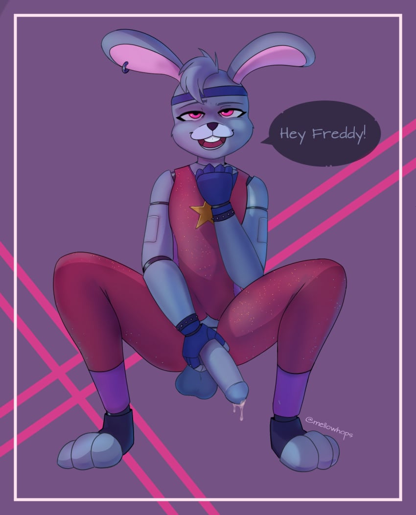 absurd_res anthro bandage big_penis blue_body blue_fur bodily_fluids bonnie_(fnaf) clothing exhibitionism five_nights_at_freddy's five_nights_at_freddy's:_security_breach fur genital_fluids genitals glamrock_bonnie_(fnaf) gloves half-erect handwear hi_res lagomorph leaking_precum leporid looking_at_viewer machine male male_only mammal mellow_hops orange_eyes penis piercing pink_ears precum rabbit red_clothing robot scottgames solo speech_bubble steel_wool_studios tight_clothing