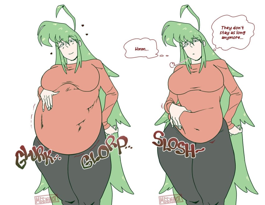 belly big_belly big_breasts big_breasts breasts breasts digestion fatal_vore female_pred green_hair meekbot mini_giantess oral_vore post_digestion sloshing_belly squeezing_belly squeezing_stomach thick_thighs thighs vore vore_belly weight_gain