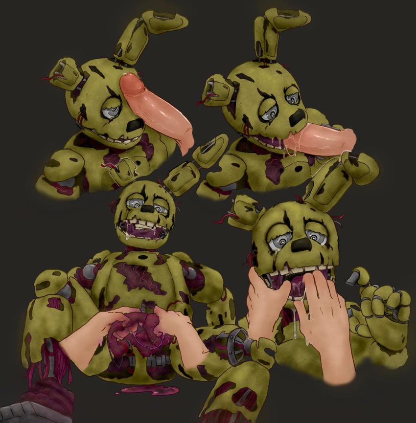 alienbug animatronic anon blowjob corpse costume cursed disembodied_hands disembodied_penis erection faceless_character finger_in_mouth fingers_in_mouth five_nights_at_freddy's five_nights_at_freddy's_3 fnaf gay gore green_body lagomorph male_focus male_only penis penis_on_face rabbit saliva saliva_trail sex springtrap springtrap_(fnaf) sucking