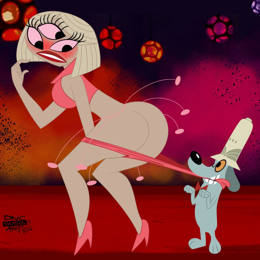 3_eyes alien alien_girl ass blonde_hair blushing booty_shorts butt canine cartoon_network coppertone dncsamsonart dog embarrassed embarrassed_nude_exposure female_alien grey_skin hartman_hips looking_at_another multi_eye narc_(samurai_jack) pink_short_shorts pink_shorts red_lipstick rothchild_(samurai_jack) samurai_jack teeth wedgie